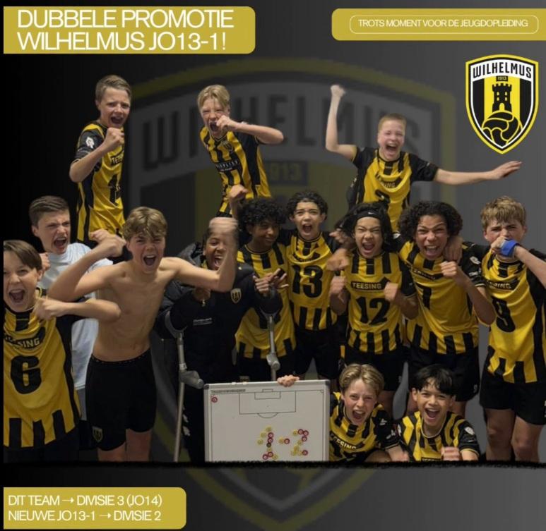 Wilhelmus JO13-1 promoveert naar Divisie 3 in de JO14 en laat Divisie 2 achter voor de nieuwe genera